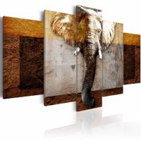 Schilderij - De kracht van Afrika (Olifant), print op canvas, wanddecoratie, 5luik , beige bruin