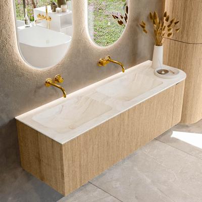 Badmeubel Mondiaz Kurve-Dlux | 145 cm | Meubelkleur Oak | Wastafelkleur Ostra | Solid surface | Dubbele spoelbak | Zonder kraangat(en)