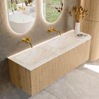Badmeubel Mondiaz Kurve-Dlux | 145 cm | Meubelkleur Oak | Wastafelkleur Ostra | Solid surface | Dubbele spoelbak | Zonder kraangat(en)