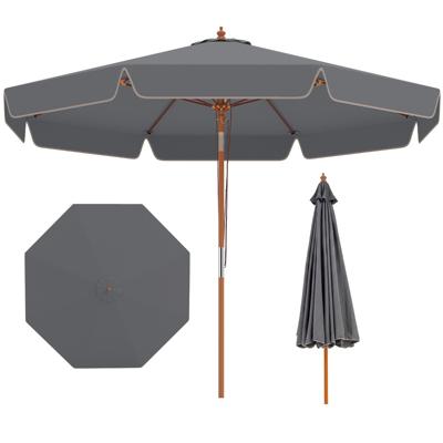 300 cm Gekartelde Parasol Marktparasol met Kantelmechanisme Tuinparasol met Houten Stok Geventileerde Top & 8 Baleinen Katrolsysteem Hangparasol-Grijs