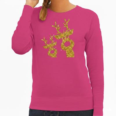Kersttrui / sweater - dames - gouden rendieren - roze - glitter goud Kersttrui / sweater - dames - gouden rendieren - roze - glitter goud