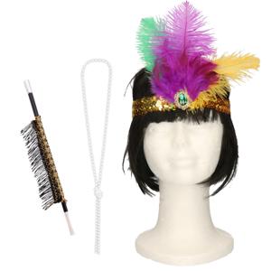 Carnaval verkleed accessoire set - sigarettenhouder/parelketting/hoofdband - charleston/jaren 20