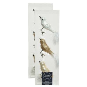 6x stuks glazen decoratie vogels op clip champagne/wit/bruin 8 cm