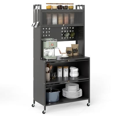 5-laags Verlichte Keukenrek Multifunctionele Magnetronstandaard Met Scharnierende Deur Geperforeerd Paneel En Haken Keukenopbergkast