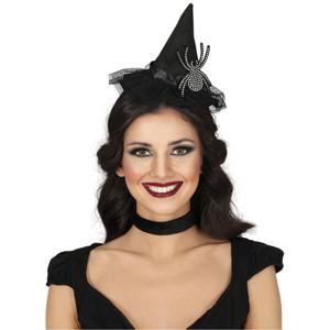 Halloween heksenhoed - op diadeem/haarband - zwart - spin - one size - meisjes/dames