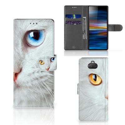 Sony Xperia 10 | Telefoonhoesje | Met pasjeshouder | Witte Kat