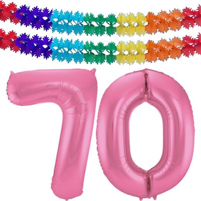 Grote folie ballonnen cijfer 70 in het glimmend roze 86 cm en 2x feestslingers
