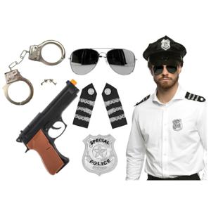 Carnaval verkleed set - politiepet zwart - handboeien/epauletten/badge/zonnebril/pistool