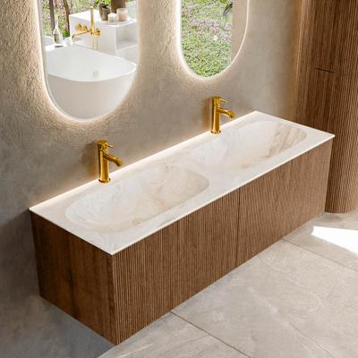 Badmeubel Mondiaz Kurve-Dlux | 140 cm | Meubelkleur Walnut | Wastafelkleur Frappe | Solid surface | Dubbele spoelbak | 2 kraangaten