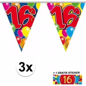 3 Gekleurde slingers 16 jaar met sticker