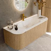 Badmeubel Mondiaz Kurve-Dlux | 120 cm | Meubelkleur Oak | Wastafelkleur Frappe | Solid surface | Midden spoelbak | 1 kraangat