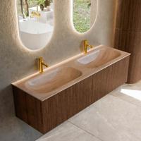 Badmeubel Mondiaz Kurve-Dlux | 150 cm | Meubelkleur Walnut | Wastafelkleur Saba | Solid surface | Wasbak beide zijden spoelbak | 2 kraangaten