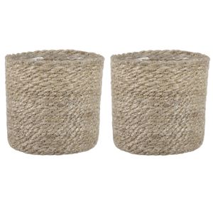 2x stuks naturel rotan planten pot mand van gedraaid jute/riet H14 en D14 cm