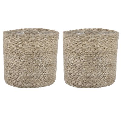 2x stuks naturel rotan planten pot mand van gedraaid jute/riet H14 en D14 cm