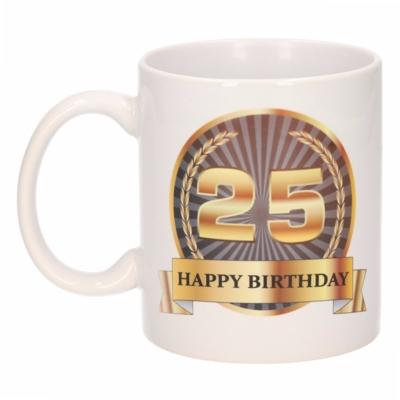 Leeftijd 25 jaar Koffiebeker - Mok - Luxe print in zwart/goud - Wit - verjaardag cadeau - 300 ml Leeftijd 25 jaar Koffiebeker - Mok - Luxe print in zwart/goud - Wit - verjaardag cadeau - 300 ml