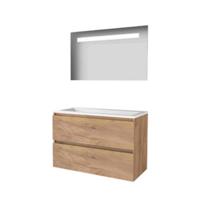 Basic-Line Economic 46 Badkamermeubelset - 100 x 46 cm - Greeploos - 2 Lades - Acryl Wastafel - Zonder Kraangat - Spiegel met LED Verlichting - Whisky Oak