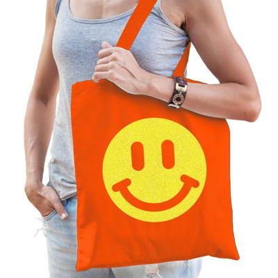Cadeau tas voor dames - glitter Smile Emoticon - oranje - katoen - 42 x 38 cm - Moederdag - verjaard
