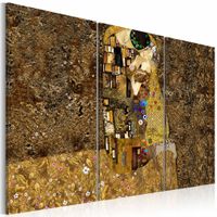 Schilderij - Klimt Inspiratie - Kus, wanddecoratie, beige bruin , print op canvas ,  2 maten, 3luik