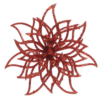 Kerstboom decoratie bloemen - kerstster - rood glitters - op clip - 14 cm - kerstversiering