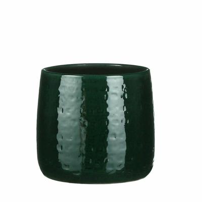 Plantenpot/bloempot - donkergroen - relief patroon - keramiek - D19/H17 cm