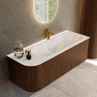 Badmeubel Mondiaz Kurve-Dlux | 125 cm | Meubelkleur Walnut | Wastafelkleur Frappe | Solid surface | Rechts spoelbak | 1 kraangat