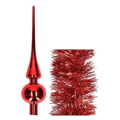 Kerstversiering glazen piek glans 26 cm en folieslingers pakket rood van 3x stuks Kerstversiering glazen piek glans 26 cm en folieslingers pakket rood van 3x stuks