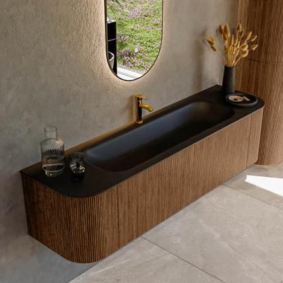 Mondiaz KURVE 170 cm Onderkast Greeploos 1 Lade Met Deuren Walnut, Wastafel Solid Surface Midden Urban 1 Kraangat Zonder Spiegel (KRVBGL170L+R1L2D1KM-Wal/Urb)