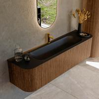 Mondiaz KURVE 170 cm Onderkast Greeploos 1 Lade Met Deuren Walnut, Wastafel Solid Surface Midden Urban 1 Kraangat Zonder Spiegel (KRVBGL170L+R1L2D1KM-Wal/Urb)