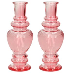 Kaarsen kandelaar Venice - 2x - gekleurd glas - ribbel roze - D5,7 x H15 cm