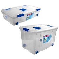2x Opbergboxen/opbergdozen met deksel en wieltjes 31 en 55 liter kunststof transparant/blauw 2x Opbergboxen/opbergdozen met deksel en wieltjes 31 en 55 liter kunststof transparant/blauw