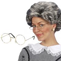 Oma Sarah carnaval verkleed set - grijze oma pruik - en dun brilletje - bejaarde vrouw