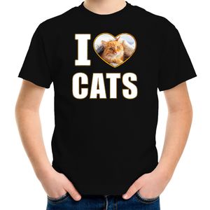 I love cats t-shirt met dieren foto van een rode kat zwart voor kinderen