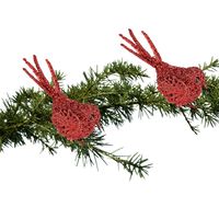 2x Kerstboomversiering glitter rode vogeltjes op clip 12 cm - Kersthangers