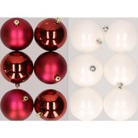 12x stuks kunststof kerstballen mix van donkerrood en winter wit 8 cm   - - thumbnail