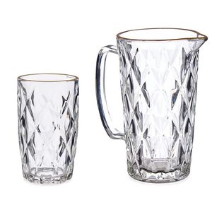 Waterglazen/drinkglazen en karaf set - 7-delig - kristal look - gouden rand - 340 ml - 1000 ml