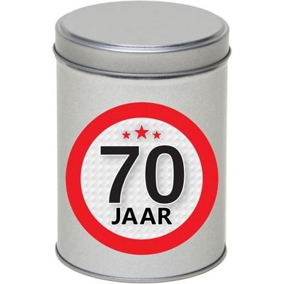 Cadeau Snoepblik - 70 jaar verjaardag - 9x13 cm - met leeftijd sticker