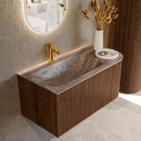 Badmeubel Mondiaz Kurve-Dlux | 95 cm | Meubelkleur Walnut | Wastafelkleur Oza | Solid surface | Wasbak linker zijde spoelbak | 1 kraangat