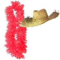 Carnaval verkleedset - Tropical Hawaii party - strohoed - en volle bloemenslinger neon roze - thumbnail