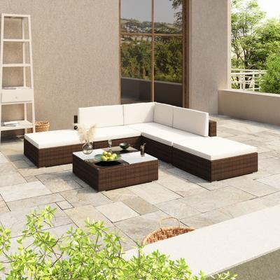 6-delige Loungeset met kussens poly rattan bruin