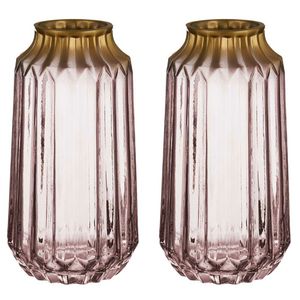 Bloemenvazen 2x stuks - luxe deco glas - roze transparant/goud - 13 x 23 cm