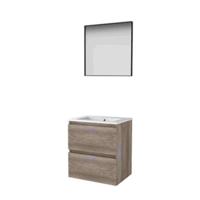 Basic-Line Framed 46 Badkamermeubelset - 60 x 46 cm - Greeploos - 2 Lades - Keramische Wastafel - 1 Kraangat - Spiegel met Zwart Aluminium Frame - Scotch Oak