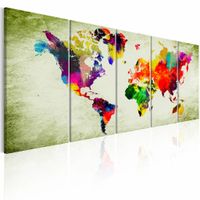 Schilderij - Kleurrijke Continenten - Wereldkaart , multi kleur , 5 luik