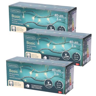 Kerstverlichting - Set van 3x stuks - transparant - snoer met 40 lampjes - warm wit - 300 cm Kerstverlichting - Set van 3x stuks - transparant - snoer met 40 lampjes - warm wit - 300 cm
