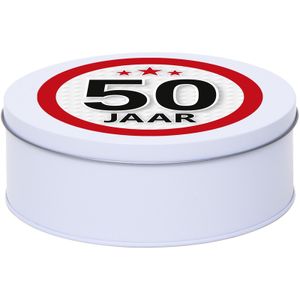 Cadeau/kado wit rond blik 50 jaar 18 cm