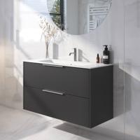 Saqu Lima badmeubel incl. glans witte keramische wastafel 100x46x61cm zijdeglans zwart - rvs greep