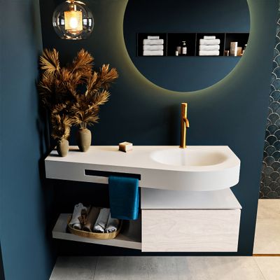 MONDIAZ RIVA 120cm badmeubel onderkast / planchet kleur Underlayment met 1 lade. Wastafel DULCET rechts 1 kraangat kleur Talc.