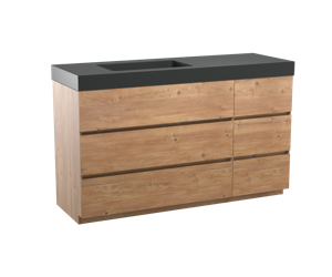 Storke Edge staand badmeubel 150 x 52 cm ruw eiken met Scuro High asymmetrisch linkse wastafel in mat kwarts