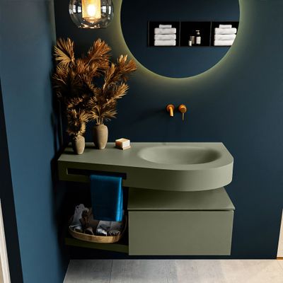 MONDIAZ RIVA 100cm badmeubel onderkast / planchet kleur Army met 1 lade. Wastafel DULCET rechts 0 kraangaten kleur Army. MONDIAZ RIVA 100cm badmeubel onderkast / planchet kleur Army met 1 lade. Wastafel DULCET rechts 0 kraangaten kleur Army.