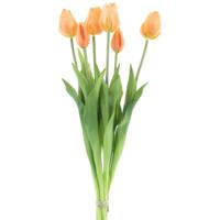 Kunst tulpen boeket Sally - 7x stuks - zalm kleur - real touch - 47 cm - kunst zijdebloemen