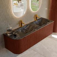 Badmeubel Mondiaz Kurve-Dlux | 145 cm cm | Meubelkleur Ruby | Wastafelkleur Lava | Solid surface | Dubbel / Rechts spoelbak | 2 kraangaten